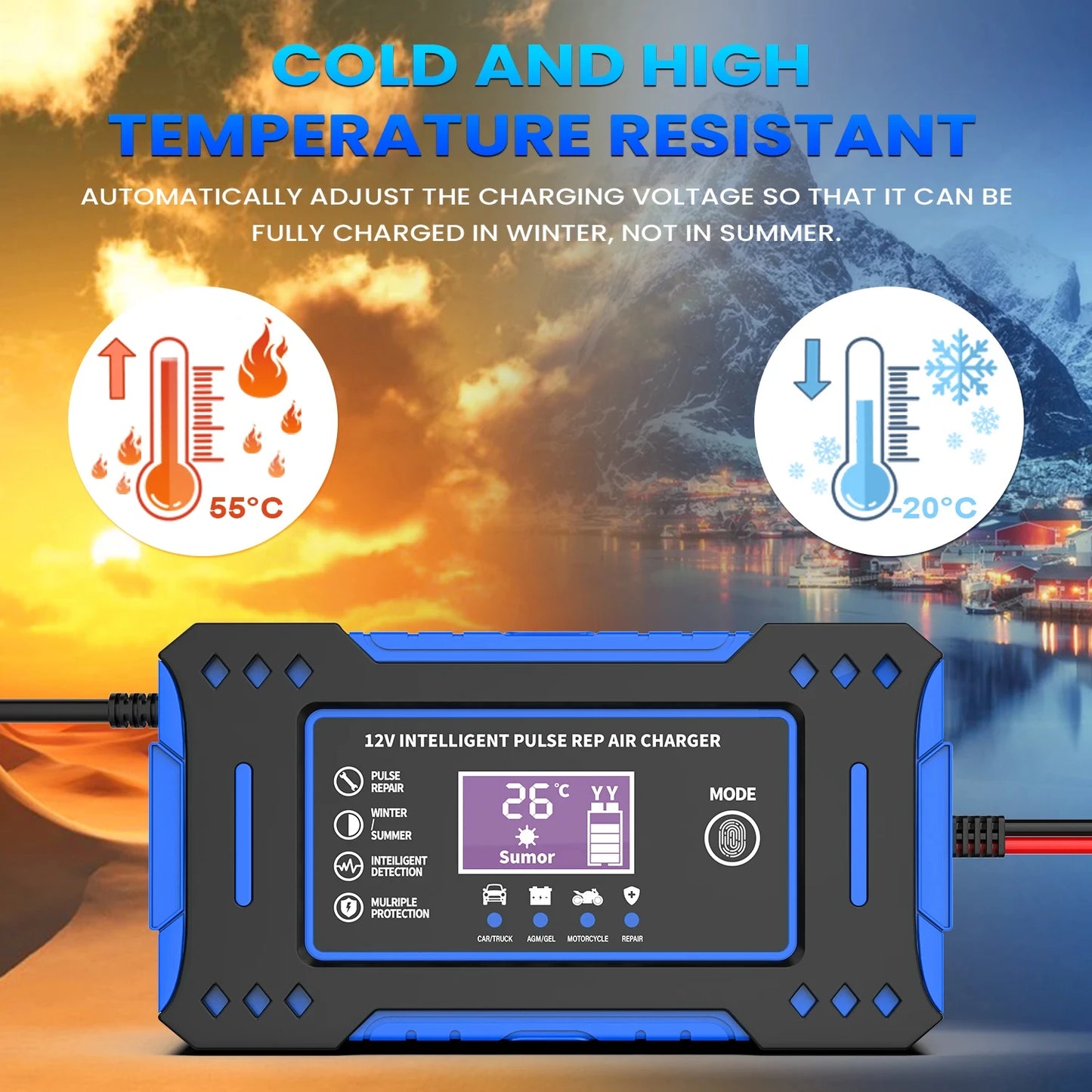 6A 12V Intelligent Car & Motorcycle Battery Charger – LCD Display, Lead-Acid Repair