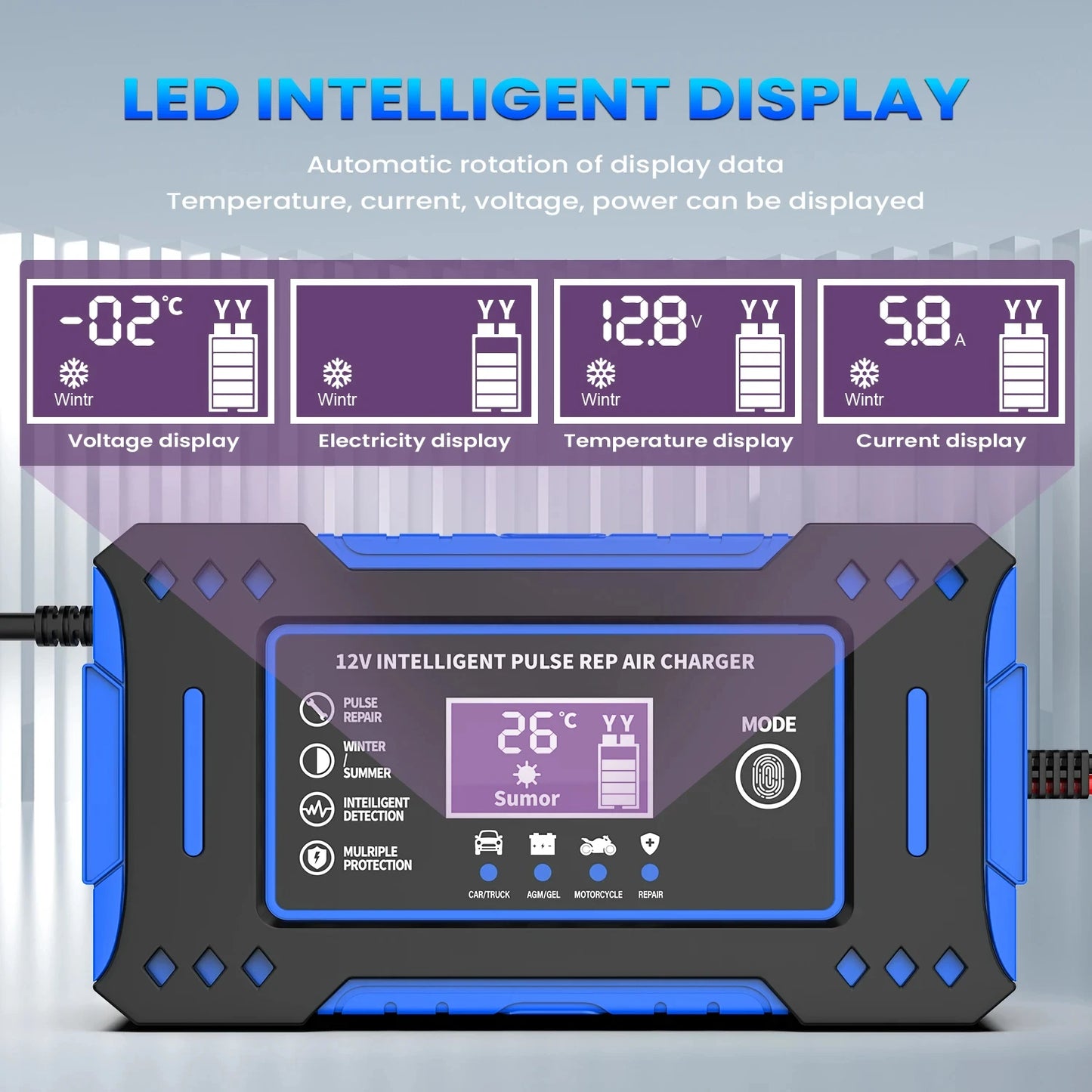 6A 12V Intelligent Car & Motorcycle Battery Charger – LCD Display, Lead-Acid Repair