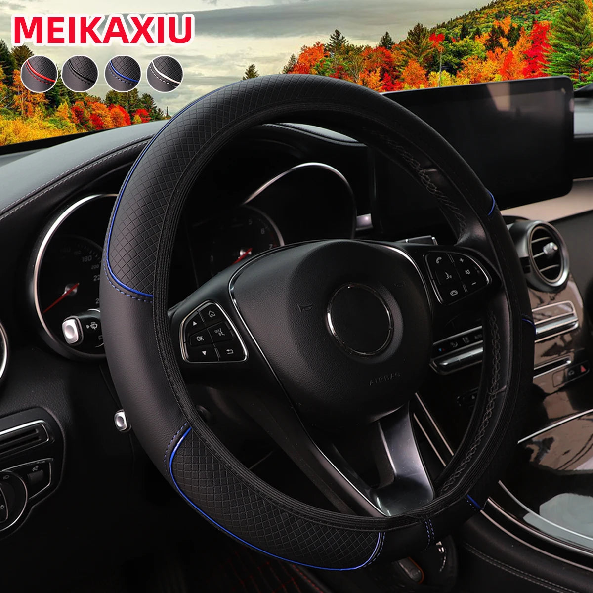 Leather Embossed Red & Blue Stripe Steering Wheel Cover – Fits 14.5"-15" (37-38cm)
