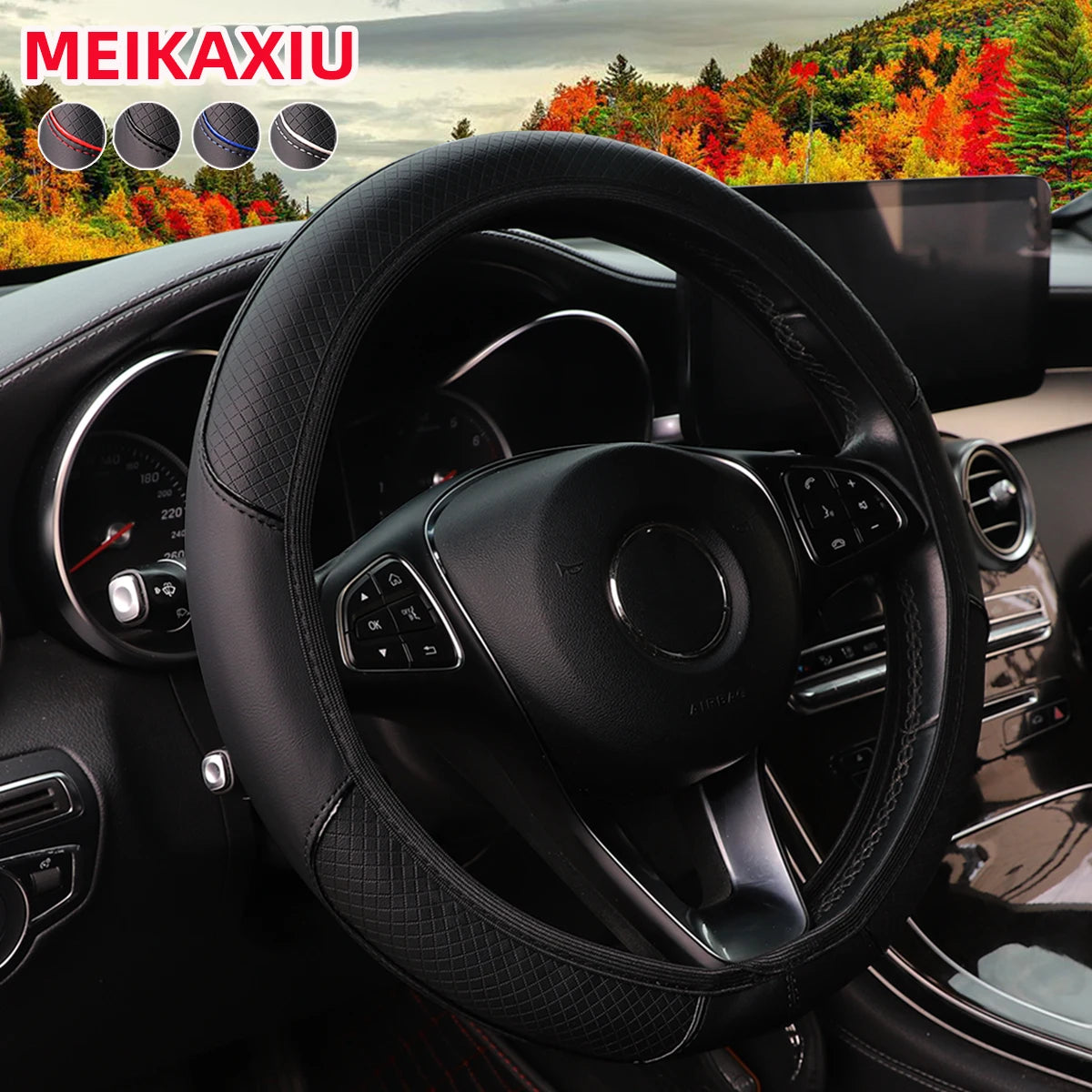 Leather Embossed Red & Blue Stripe Steering Wheel Cover – Fits 14.5"-15" (37-38cm)