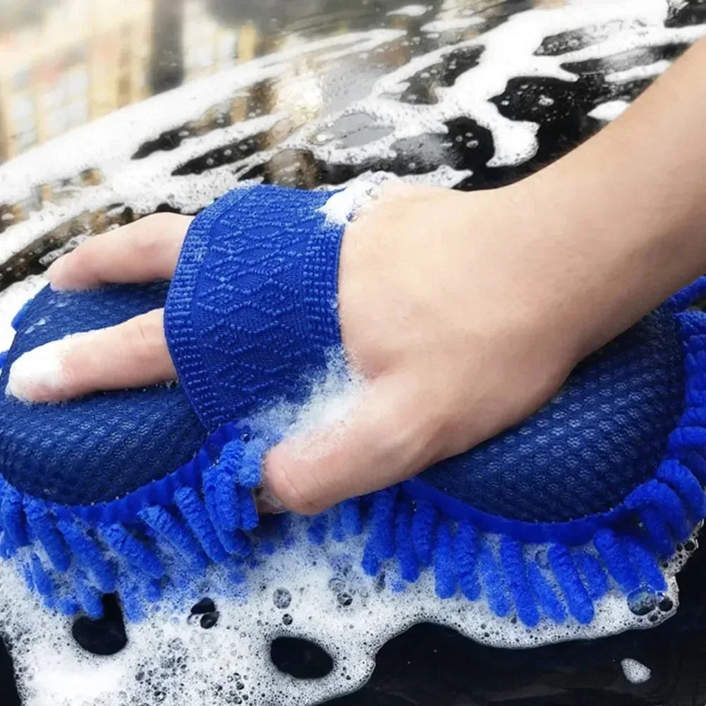Blue Microfiber Chenille Car Wash Sponge – Cleaning Brush & Towel Gloves