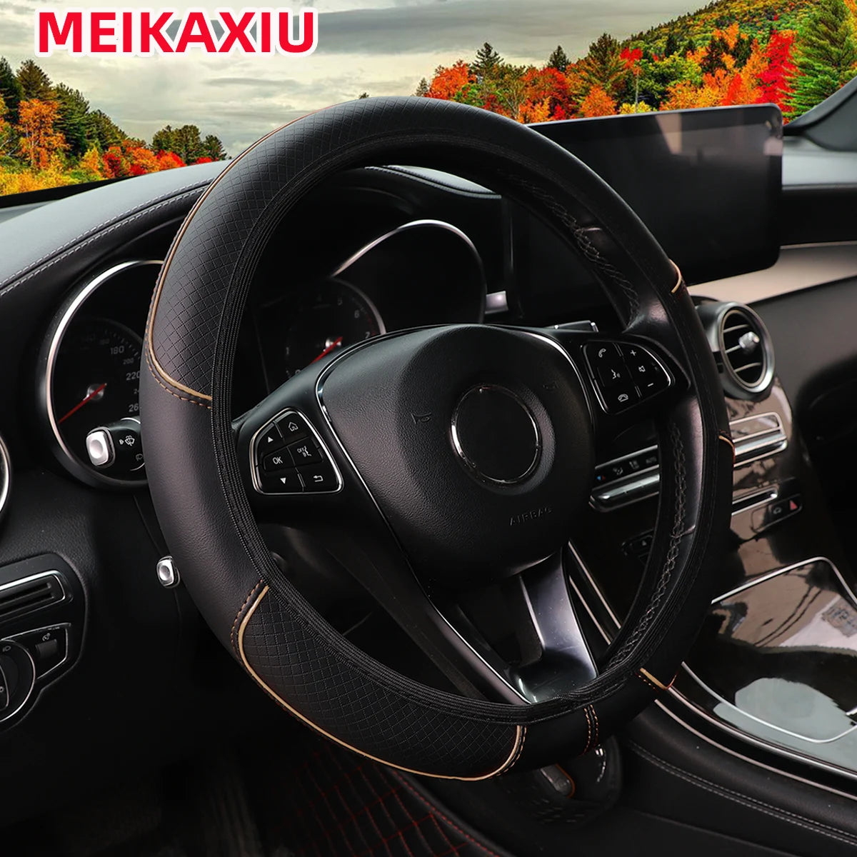 Leather Embossed Red & Blue Stripe Steering Wheel Cover – Fits 14.5"-15" (37-38cm)