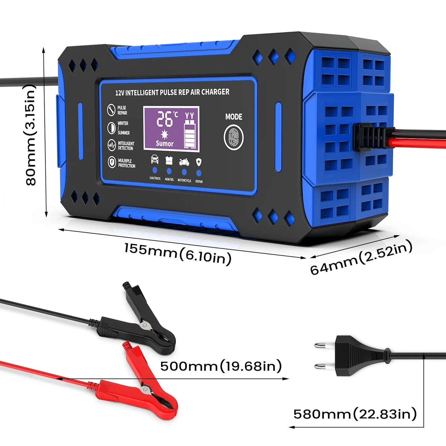 6A 12V Intelligent Car & Motorcycle Battery Charger – LCD Display, Lead-Acid Repair