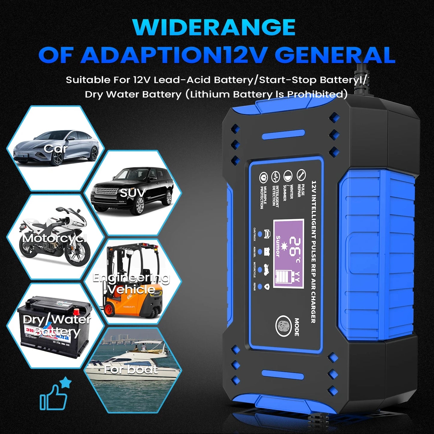 6A 12V Intelligent Car & Motorcycle Battery Charger – LCD Display, Lead-Acid Repair