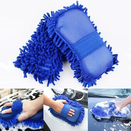 Blue Microfiber Chenille Car Wash Sponge – Cleaning Brush & Towel Gloves